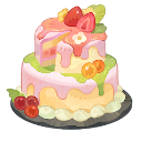 A two-tiered strawberry cake with pink frosting and cherries sits on a plate.