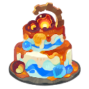 A two-tiered pixel art cake topped with a glowing fire element and dripping with colorful blue and orange syrup.