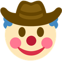 Clown face wearing a brown cowboy hat with a wide, smiling expression.