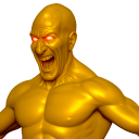 A golden humanoid figure with glowing red eyes laughing maniacally.