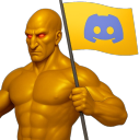 A muscular golden man with glowing red eyes holding up a yellow flag with the Discord logo.