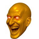 Golden head with glowing red eyes laughing maniacally with a wide, toothy grin.