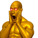 Golden humanoid figure with glowing red eyes holding its face in shock.