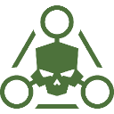 A stylized green skull emblem with geometric shapes on a black background.