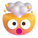 A stylized 3D head with wide eyes and a pink mouth, with a white cloud exploding out of the top.