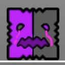 A square block character with a split purple and gray face crying tears of pink liquid.