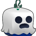 Ghost with a white sheet and a blue base looking surprised with wide eyes and an open mouth.