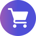 Shopping cart icon in white centered on a circular purple gradient background.