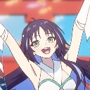 Anime girl with purple hair smiling widely with both arms raised in a celebratory gesture.