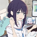 Anime girl with dark purple hair looking annoyed and exhausted while touching her neck.