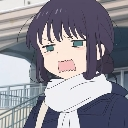 Anime girl with a deadpan expression and a scarf looking visibly confused and annoyed.