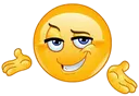 Yellow smiley face with a smug expression and raised hands in a shrug gesture.