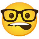 Yellow emoji face wearing black glasses and biting its lower lip in a nervous expression.