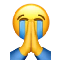 Yellow emoji face with closed eyes and blue tears streaming down, with hands pressed together in a prayer gesture.
