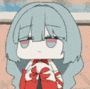 Chibi anime girl exhaling a cloud of smoke with a calm, closed-eye expression.