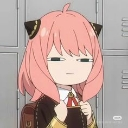 Anya Forger with pink hair giving a deadpan, skeptical side-eyed look.