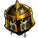 Knight helmet with large, glossy eyes shedding streams of tears.