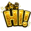 A golden, sparkling HI text with a helmeted character waving from behind the letters.