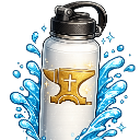 Water bottle with an anvil and cross logo surrounded by a blue water splash.