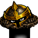 A knight in a golden helmet peeking over a dark ledge with visible eyes.