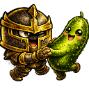 A tiny knight in golden armor dancing joyfully with a smiling green pickle.