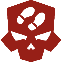 Skull icon with an aggressive, angular design rendered in dark red pixels.