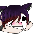 An anime-style character with purple hair resting their head on their arms while crying with a flushed face.