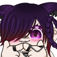 Anime girl with purple hair blushing and hiding her face behind her hands.