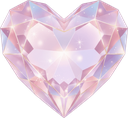 A faceted crystal heart glows with soft pink and purple light and sparkles.