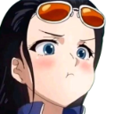 Anime girl with dark hair and sunglasses on her head pouting with a blush on her cheeks.