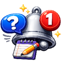 A silver bell with a red notification bubble, a blue speech bubble with a question mark, and a notepad with a pencil underne…