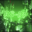 RS-RP text in glowing neon green font overlaid on a dark, night-vision style city street scene.
