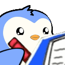 A cute blue penguin holding a red pen and writing on a piece of paper.