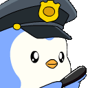 A cute blue penguin wearing a police hat and holding a black baton.