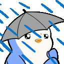 A small blue penguin looking sad while holding a gray umbrella in the rain.