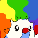 A cartoon clown character with a large rainbow-colored wig and a bright red nose.