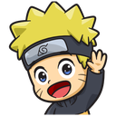 Naruto Uzumaki with spiky yellow hair and a headband waving his hand happily.
