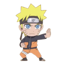 Naruto Uzumaki in a chibi art style stands in a defensive fighting stance with his hand forward.