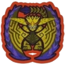 A stylized golden dragon with purple wings and a red background.