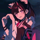Anime girl with horns making a heart shape with her hands while giving a playful smirk.