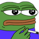 Pepe the Frog looking tired and cynical while holding a lit cigarette.
