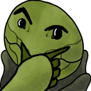 Green round creature with a hand on its chin looking suspicious and thoughtful.