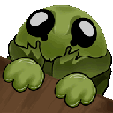 A green blob-like creature with large eyes peeking over a wooden ledge in a four-frame animation.