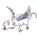 A white mouse with wings gagging and spitting out blue liquid.