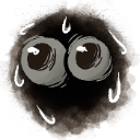 A round, brown, fuzzy creature with large, worried eyes and white sweat droplets dripping down its face.