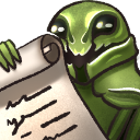 A green insect-like creature holding up a scroll with scribbles on it.