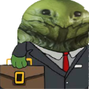 A green frog wearing a gray suit and red tie, holding a brown briefcase.