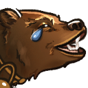 A brown bear with a wide, toothy grin and a single blue tear streaming down its face.