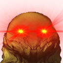 A dark creature with glowing, bright yellow and red laser eyes against a vibrant red background.