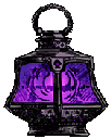 Four identical lanterns with black frames and glowing purple, blue, green, and teal light.